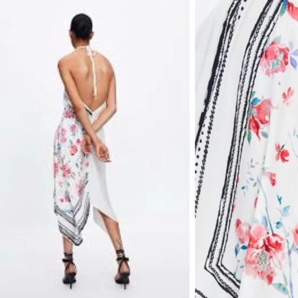 ZARA Combined Asymmetric Halter V-Neck Dress Rose Print Black/White/Red Sz S NEW - Picture 6 of 6